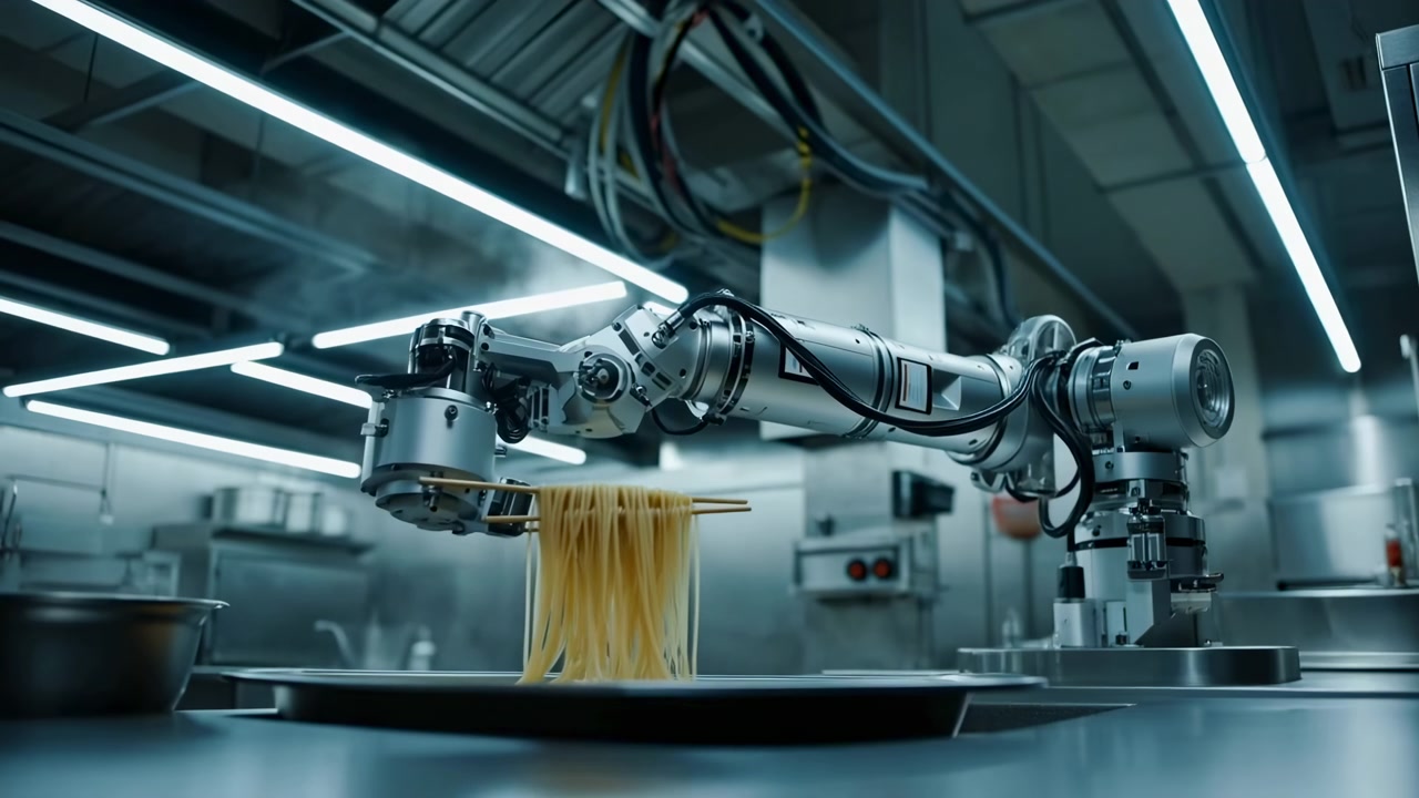 Articulated industrial robotic arm holding bundle of long pasta with chopstick-like gripper, lowered above stainless steel tray inside professional commercial kitchen, visible steam rises from