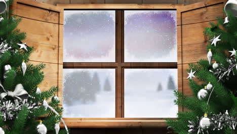 Animation of window and christmas tree over snow falling and winter landscape