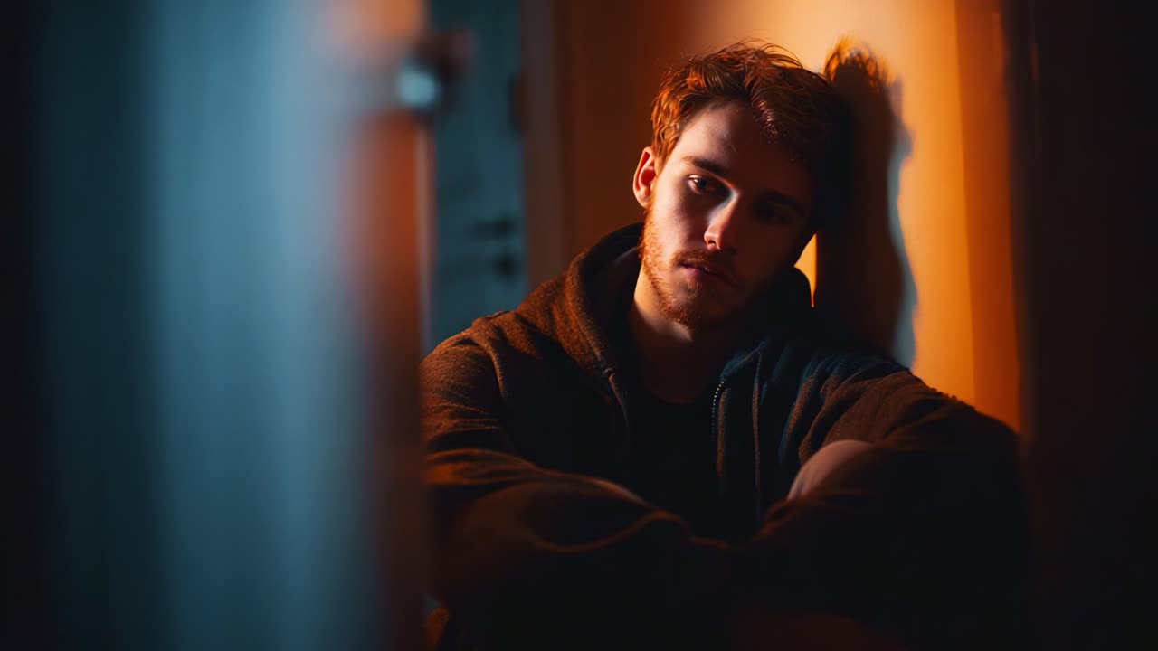 A young man sitting in a dimly lit corridor, showcasing a moment of introspection and emotion against contrasting light and shadow backgrounds