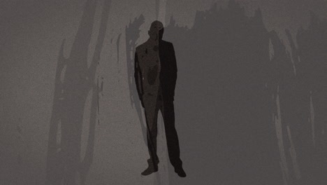 textured scratched overlay against silhouette of businessman with copy space on grey background