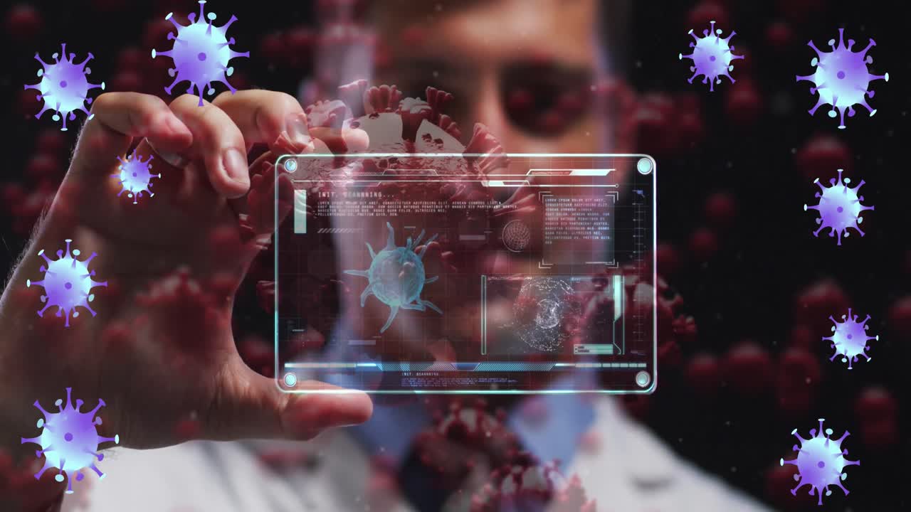 animación de una célula de virus púrpura sobre un trabajador de laboratorio caucásico con una tarjeta digital con datos de virus