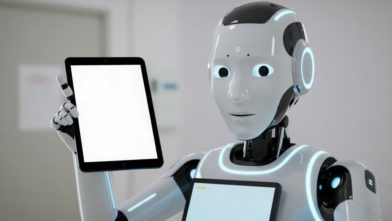 A Futuristic Robot Demonstrates Technology with a Tablet in a Modern Environment, Showcasing Advanced AI Interactivity and Human-Robot Communication Capabilities