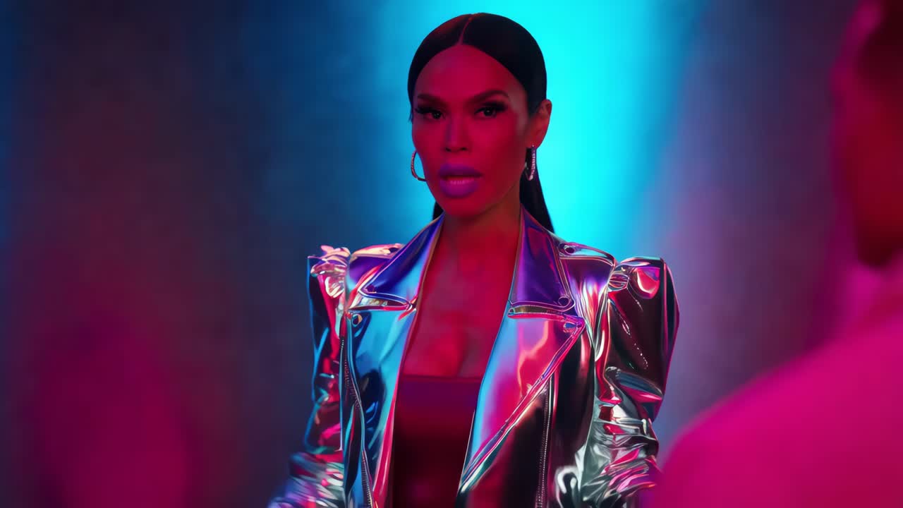 mujer elegante con chaqueta metálica