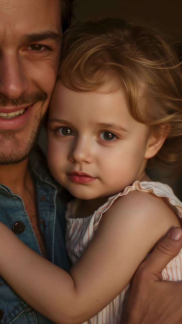Video verticale: padre sorridente che tiene e protegge un bambino in casa, zoom della fotocamera, camicia di jeans
