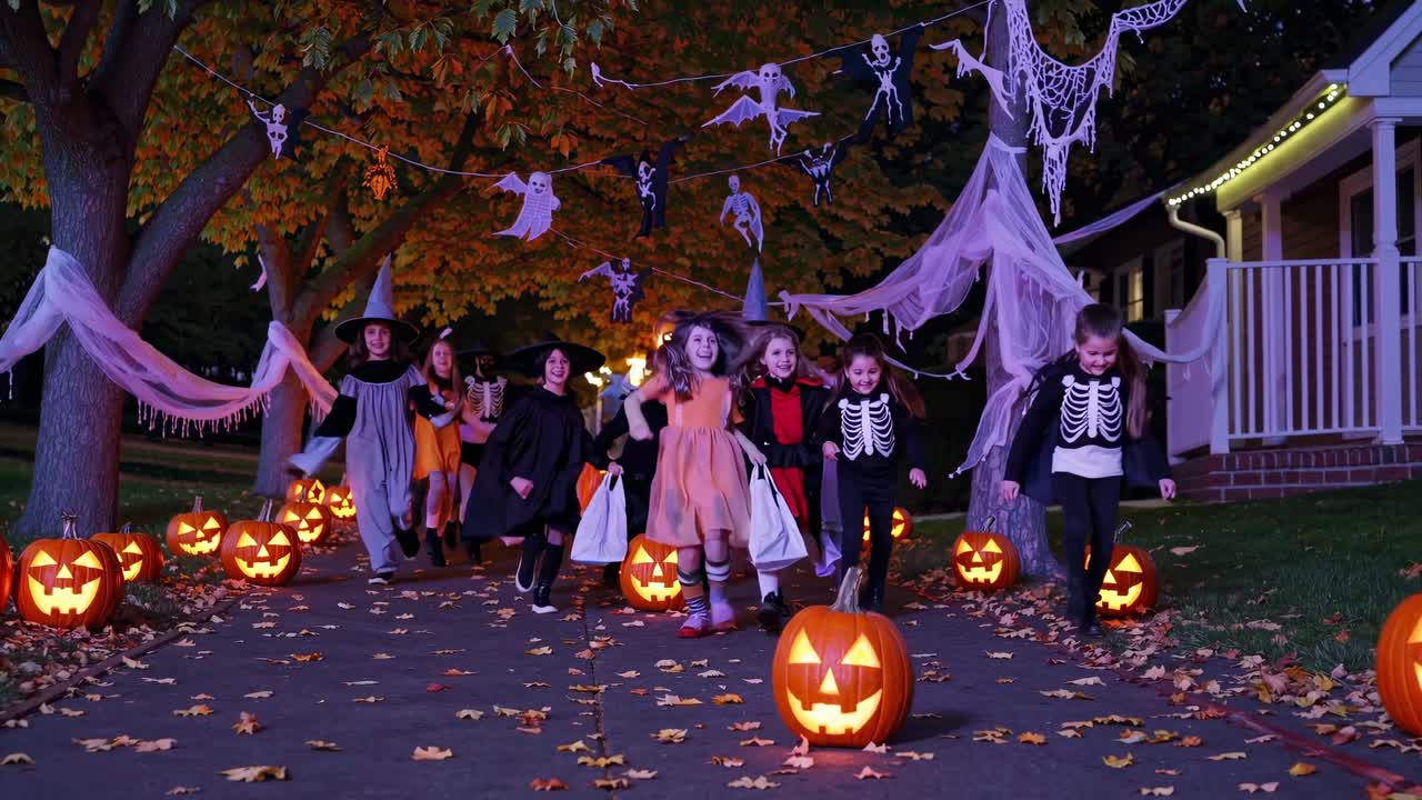 Low-angle video still of children in Halloween costumes walking on a decorated path with pumpkins