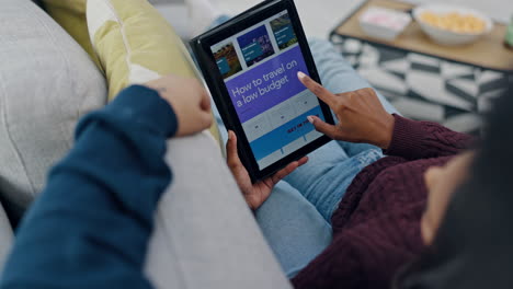 Couple-hands,-home-and-tablet-for-holiday