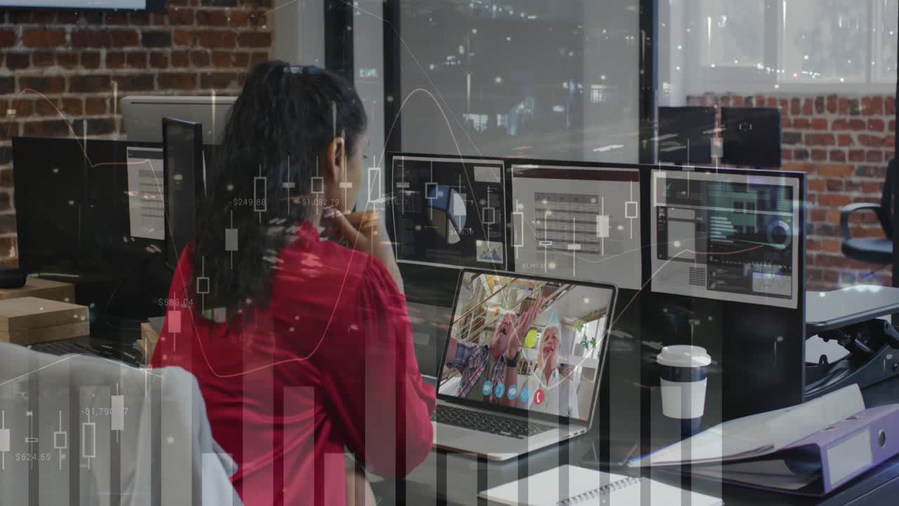 Animation of financial data processing over businesswoman using laptop