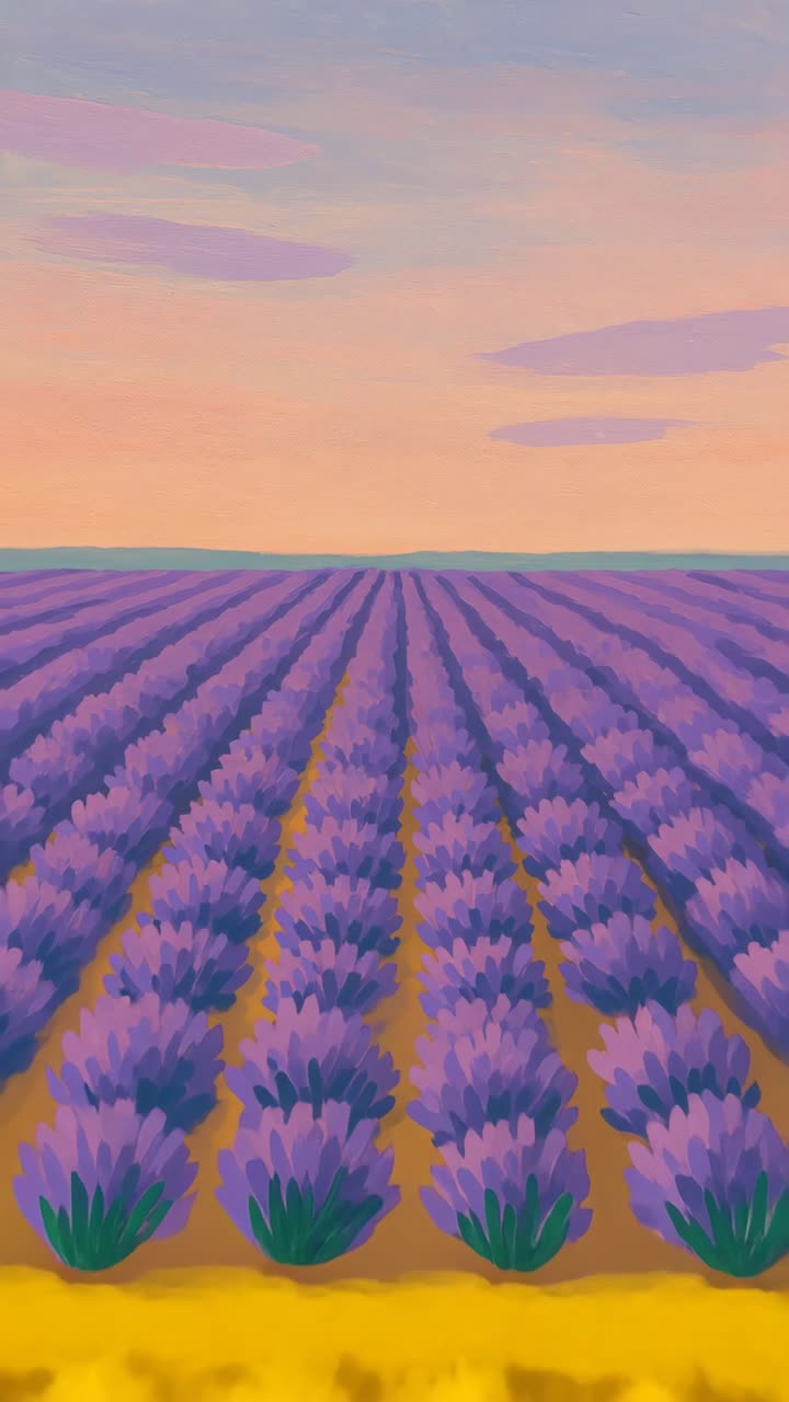 Aerial video concept of a lavender field at sunset. Rows of purple flowers stretch to the horizon