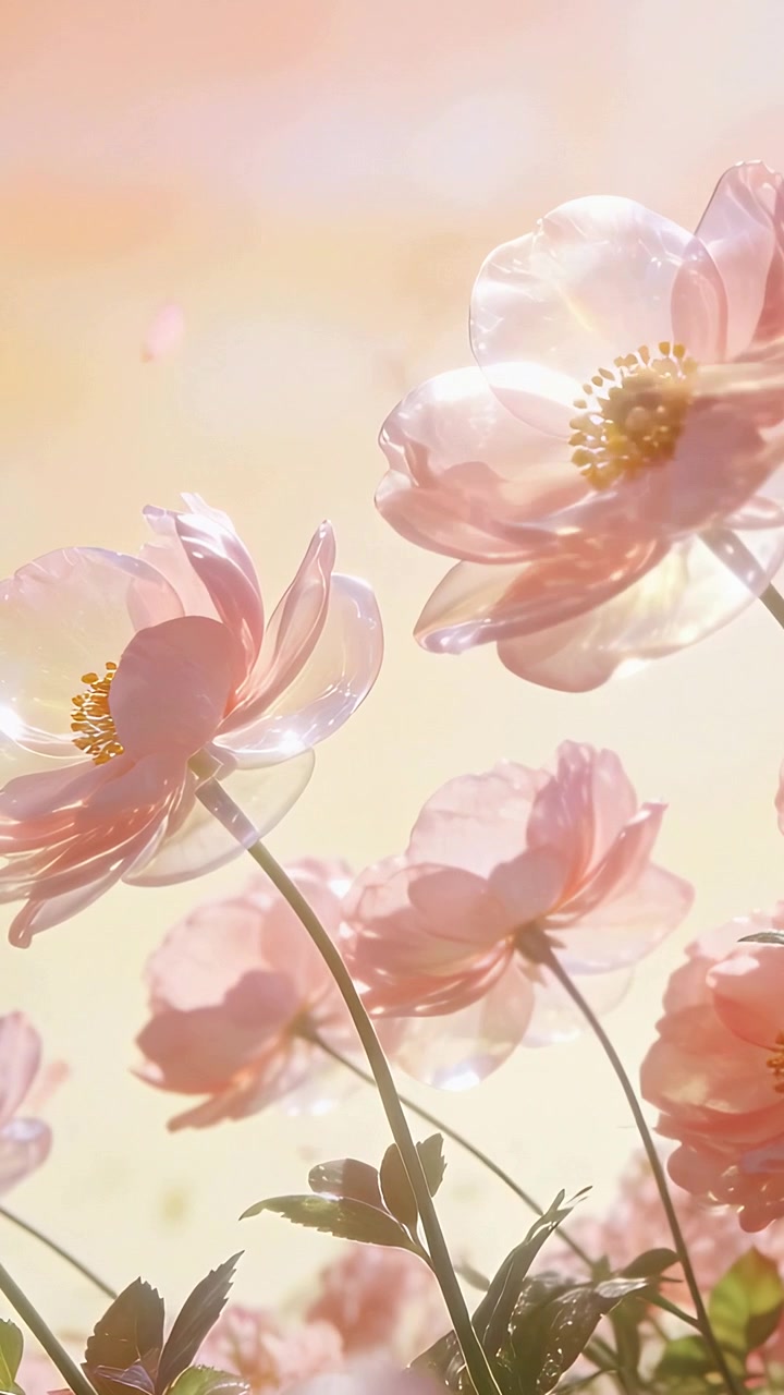 Video verticale: Fiori rosa pallido con centri gialli che ondeggiano al vento in giardino, con petali che si staccano.