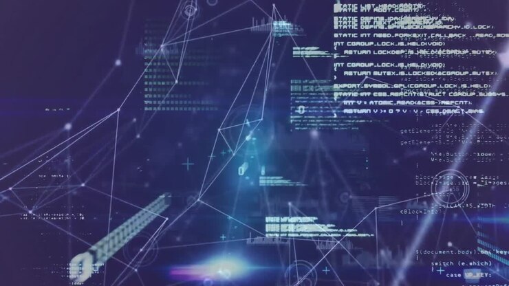 Animation of network of connections with information and data processing and lights on black