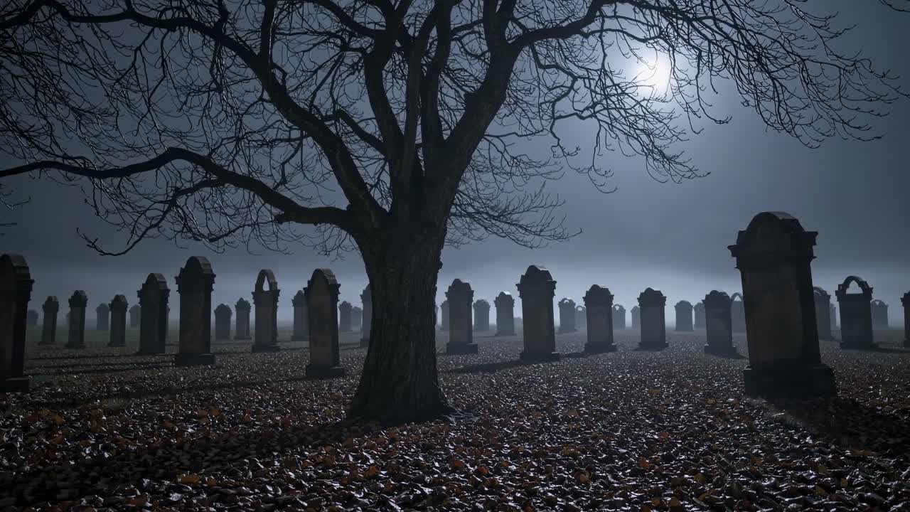 Eerie graveyard scene at night with a low-angle shot. A leafless tree under moonlight creates