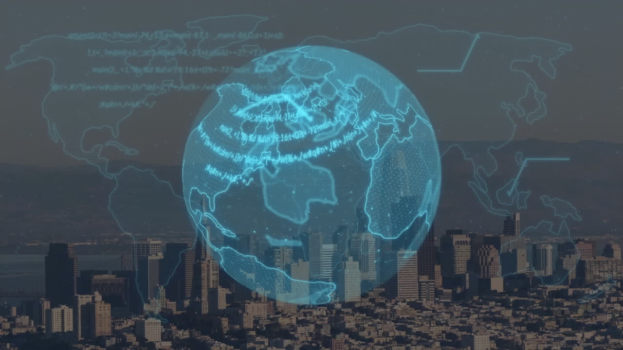 animación del giro del globo y procesamiento de datos sobre el paisaje urbano