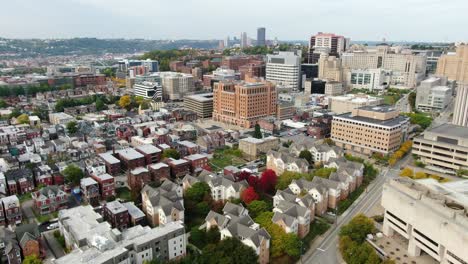 cinematic aerial establishing shot in oakland, pittsburgh, pa, usa