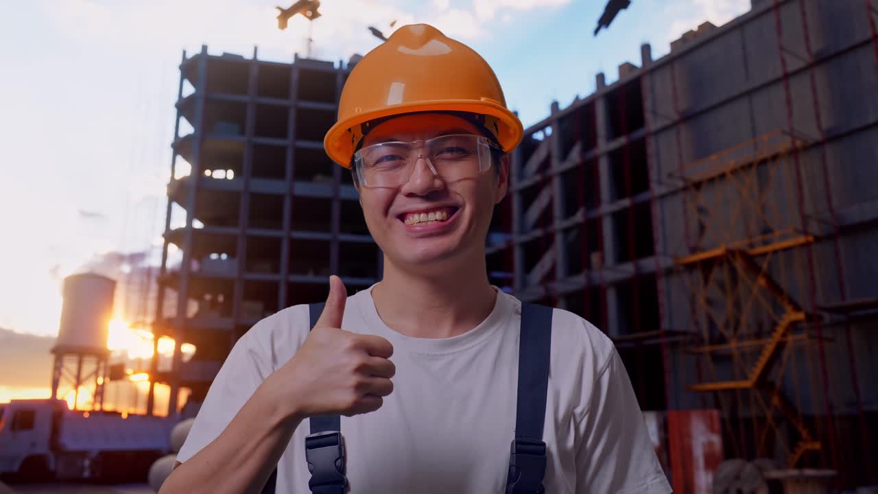 Asian Man Worker Showing Thumbs Up Gesture At Construction Site