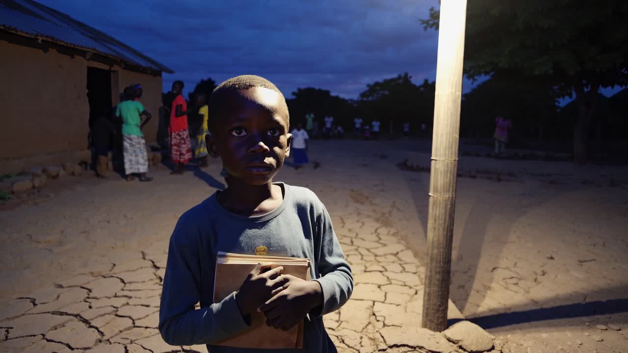 젊은 소년이 전등 기둥 에서 책을 읽으며, 밤의 마을 환경에서 조용히 서 있고, 마을 사람들이 배경에서 부드럽게 고, 시골 공동체의 분위기를 구현합니다.
