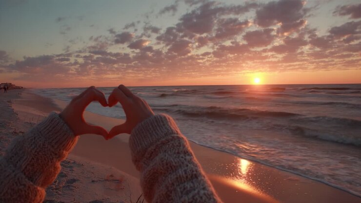 Due cornici che immortalano un sereno tramonto sull'oceano con mani che formano un cuore contro il bellissimo cielo e le onde.