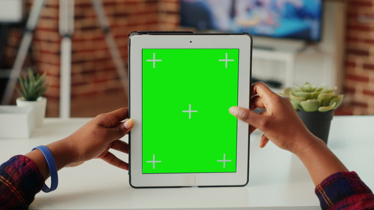 Young adult analyzing green screen on isolated display