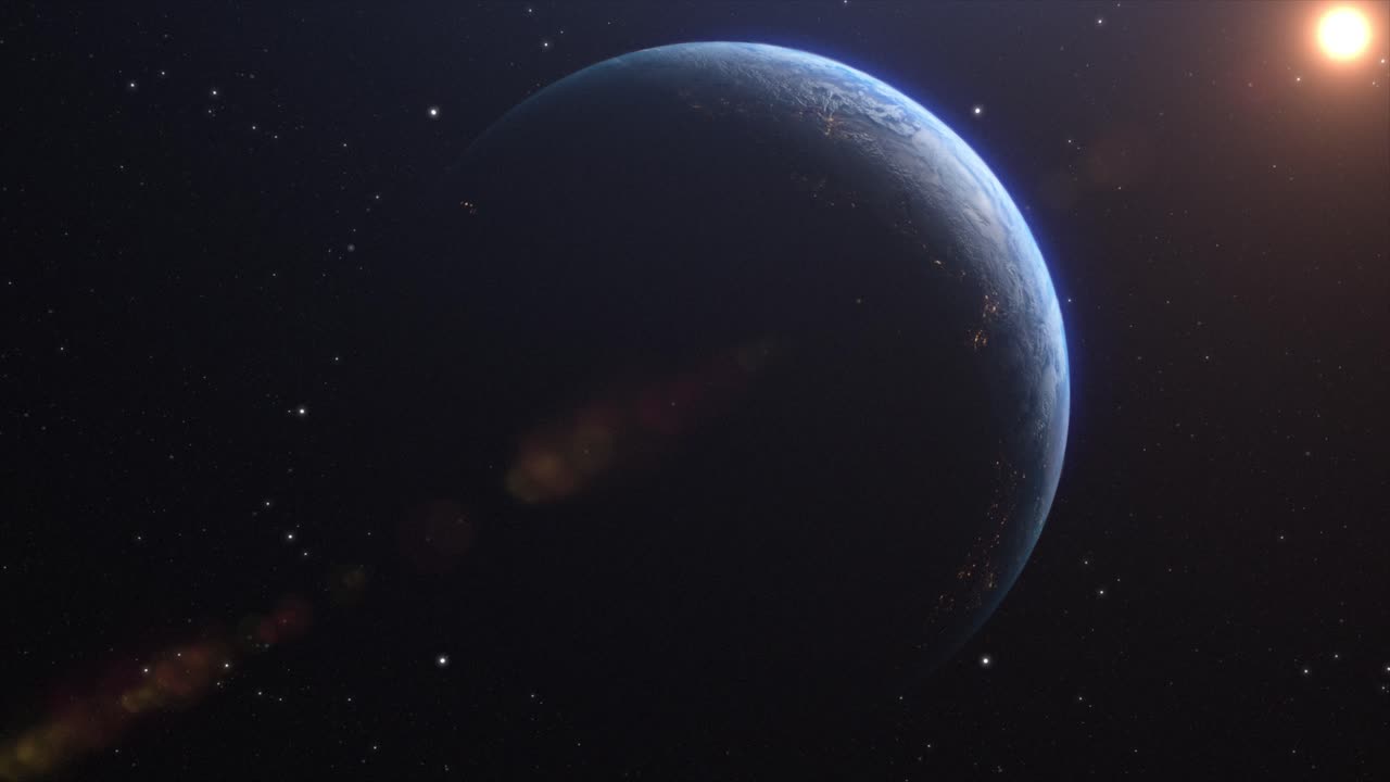 Beautiful view of the Earth from space from the night time side of the planet, with North American and South American continents, as the planet orbits slowly with the Sun visible in the background