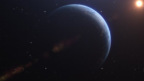 beautiful view of the earth from space from the night time side of the planet, with north american and south american continents, as the planet orbits slowly with the sun visible in the background