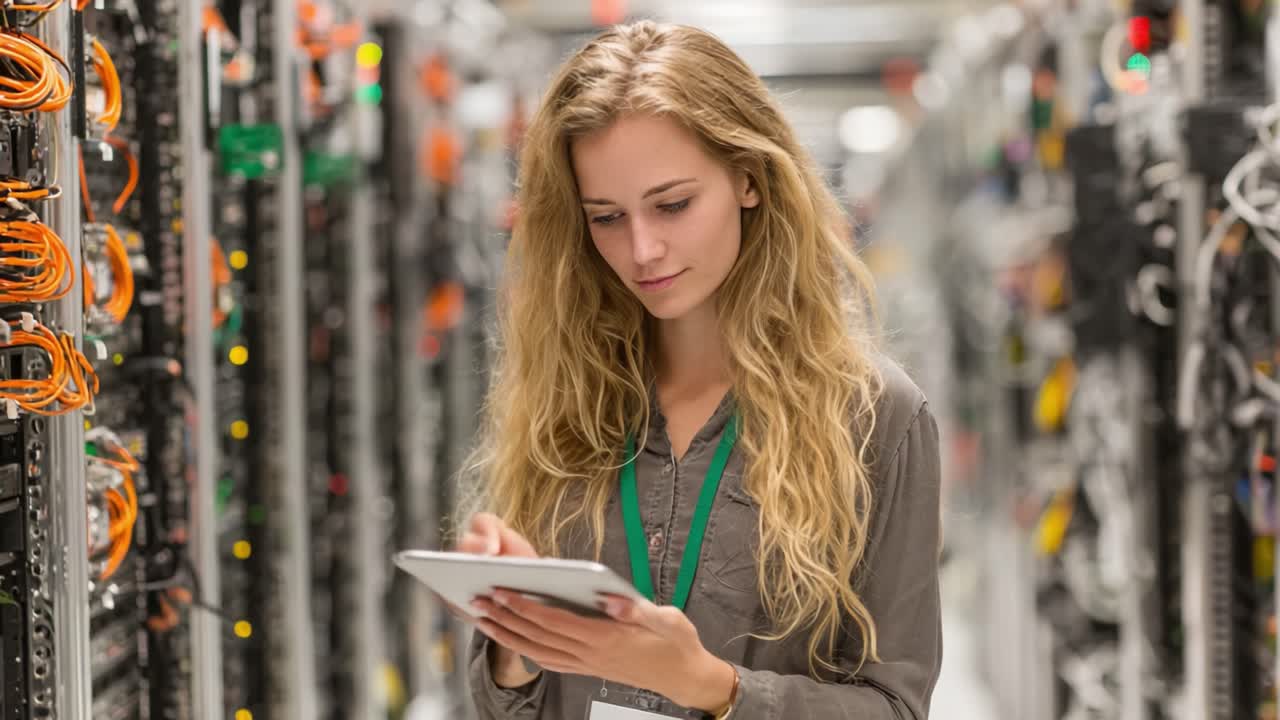 Young Woman Analyzing Data on Tablet in Server Room Surrounded by Network Equipment, Illustrating Modern Technology and Operational Efficiency
