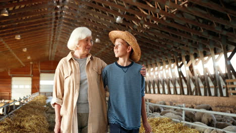 caucasian happy old gray-haired grandmother walking and talking with her cute teen boy in stable with sheep flock