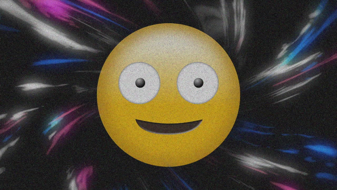 Digitální animace emoji legračního obličeje proti digitálním vlnám na černém pozadí.