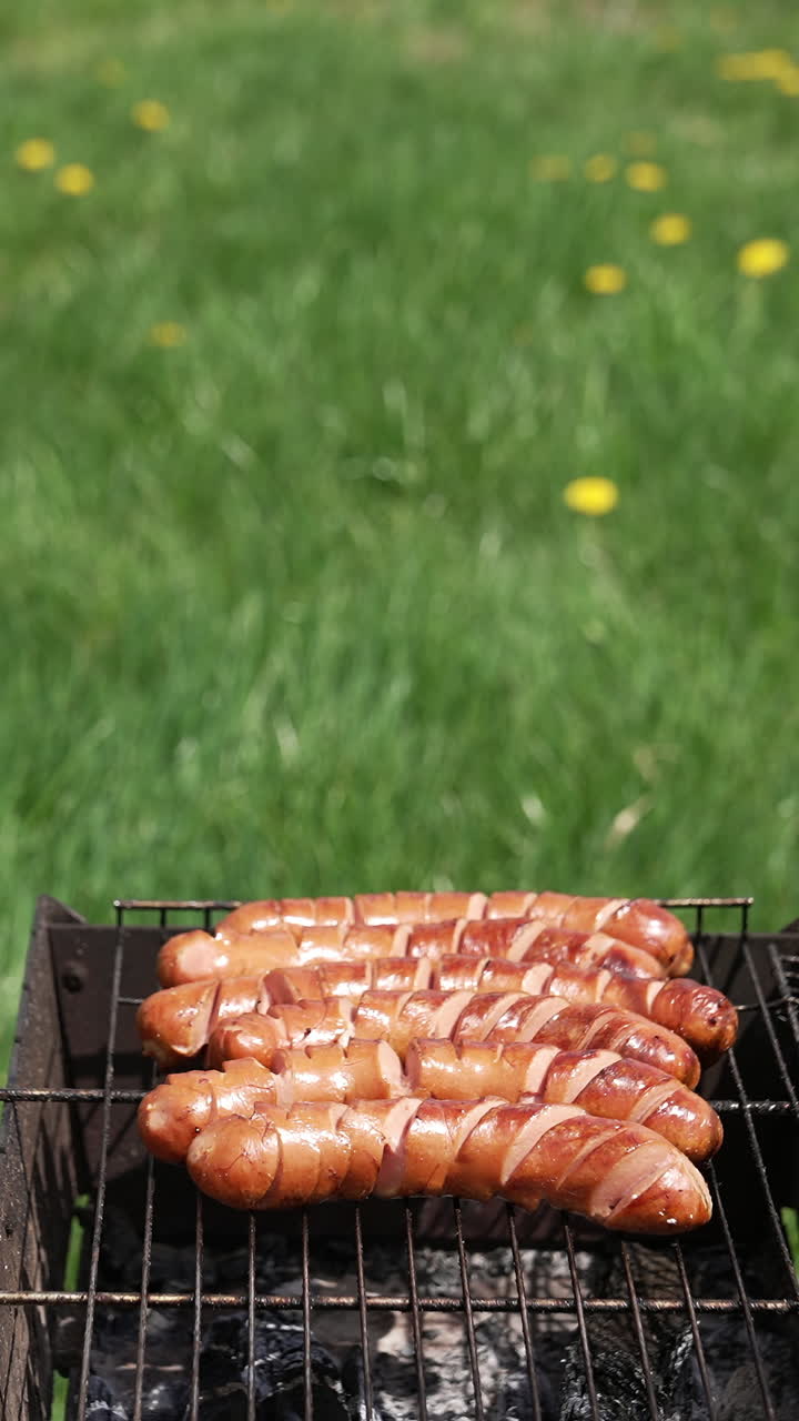 Delicious barbecue on green grass background. Hot dog sausages frying on a grill plate outdoors. Roasting food on barbeque grill for picnic. Vertical video