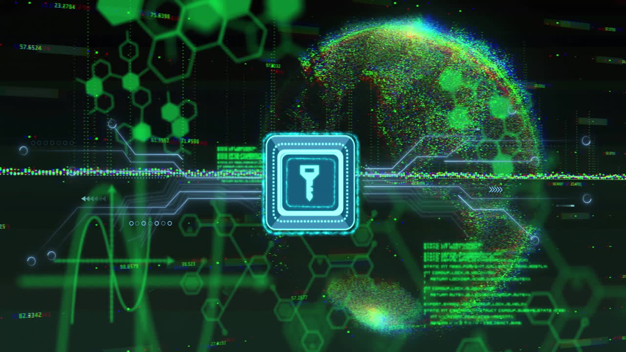 Animation of key icon and scientific data processing over globe