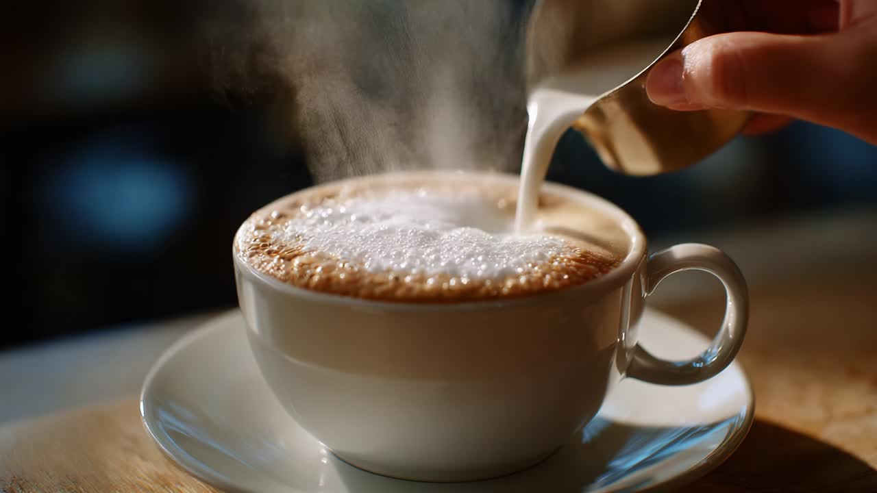 Cappuccino with milk being poured in