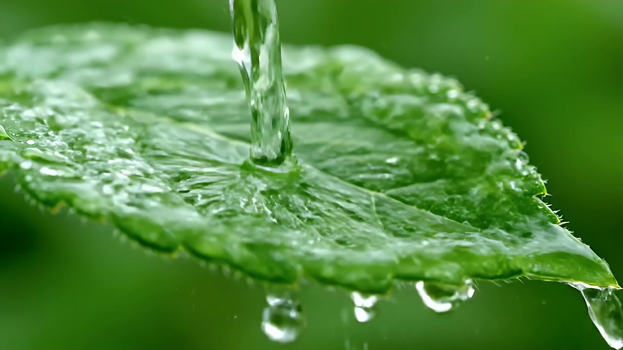 Acqua che scorre su una foglia verde fresca