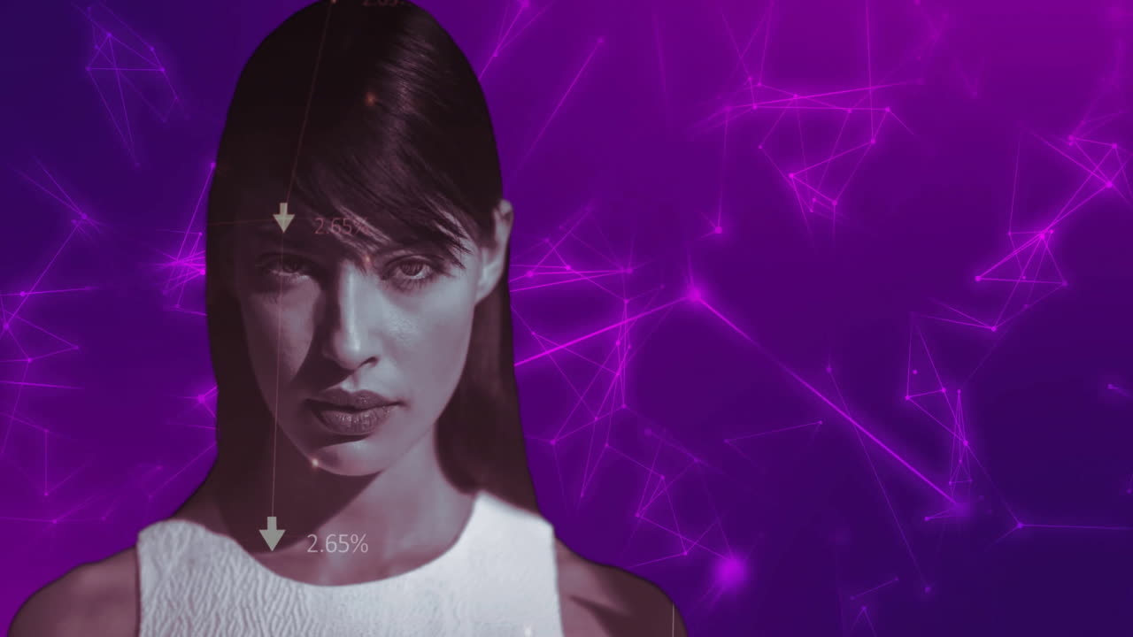 Analyzing data percentages, woman in school with purple abstract network background