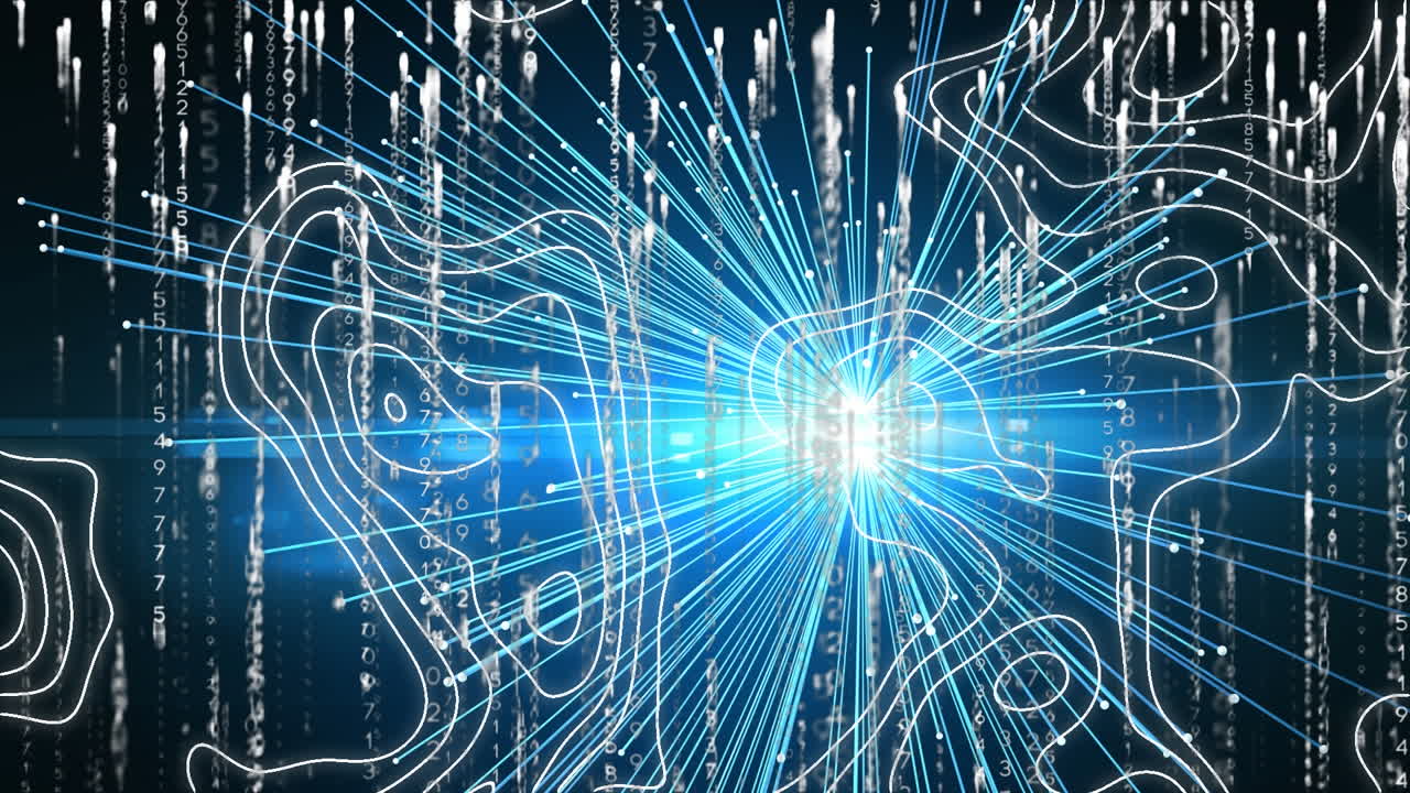 анимация обработки данных по белым линиям на черном фоне
