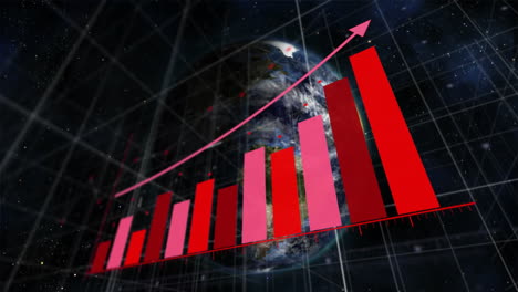 animation of arrow on growing bar graph over rotating globe against space