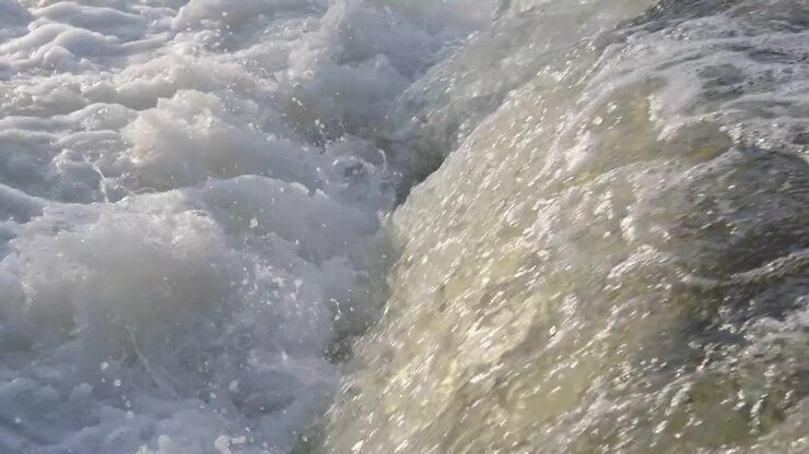 L'acqua pulita del fiume scorre impetuosa su una sporgenza naturale di calcare, creando una spessa schiuma bianca e goccioline che schizzano. Questa inquadratura ravvicinata cattura il flusso primaverile alle cascate di Sauble in Ontario, Canada