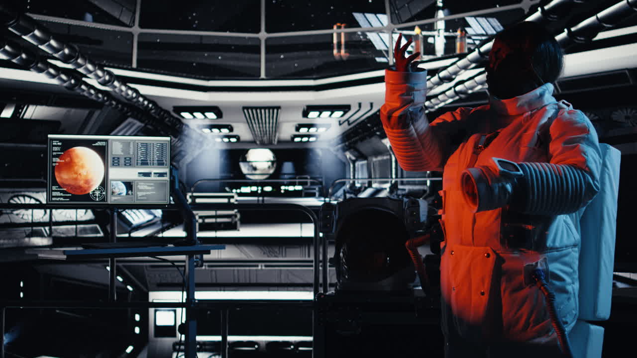 Astronaut shielding eyes from blinding alien vessel red light.