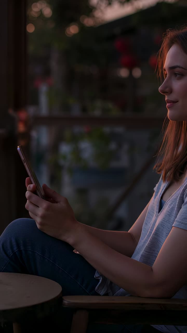 Vertical video: Glancing woman in tee and jeans smiling at phone on porch at dusk, copy space