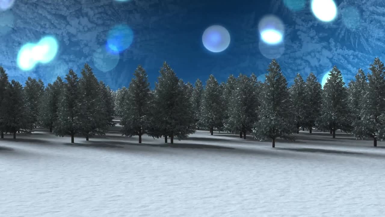 파란색 배경에 빛의 파란색 반점에 대항하여 겨울 풍경에 여러 나무