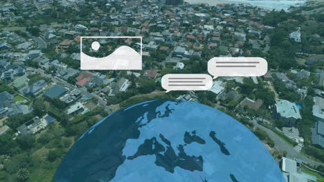 animación del procesamiento de datos y globo sobre el paisaje urbano