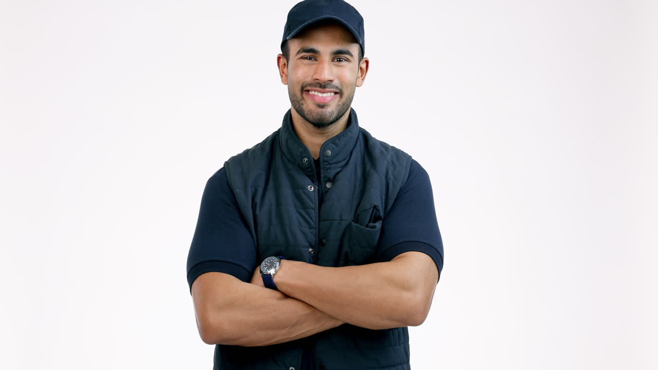 hombre feliz, entrega y brazos cruzados