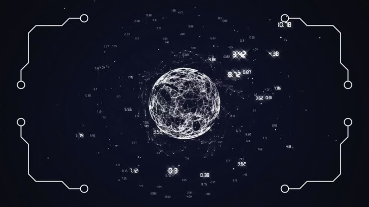 Data processing against Globe of network of connection on black background