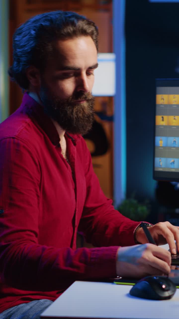 Edytor zdjęć do filmów w formacie pionowym poprawia ostrość obrazów za pomocą tabletu graficznego w nowoczesnym studio
