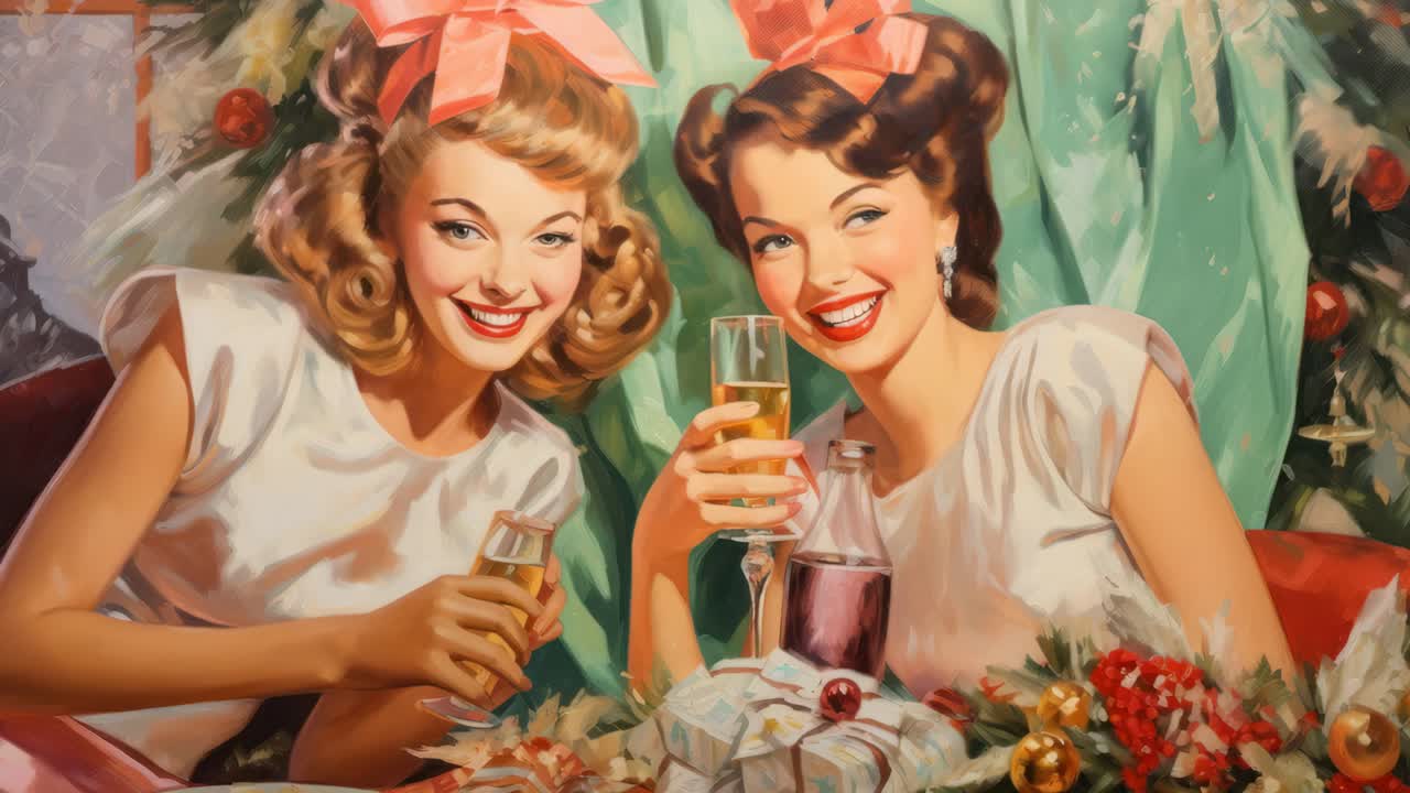 Retro holiday scene with two women in festive attire, smiling and holding drinks