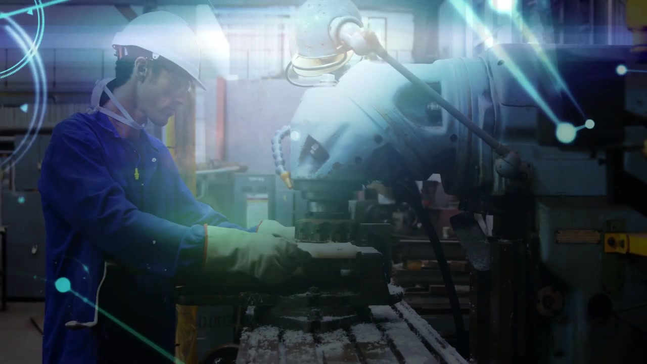 Animated overlay receding and showing machinist placing and clamping cylinder workpiece for milling
