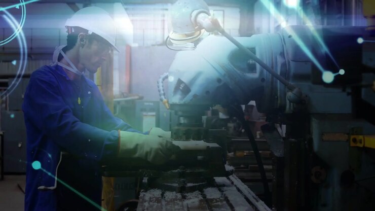 Animated overlay receding and showing machinist placing and clamping cylinder workpiece for milling