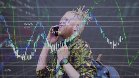 animation of data processing over albino african american man using smartphone