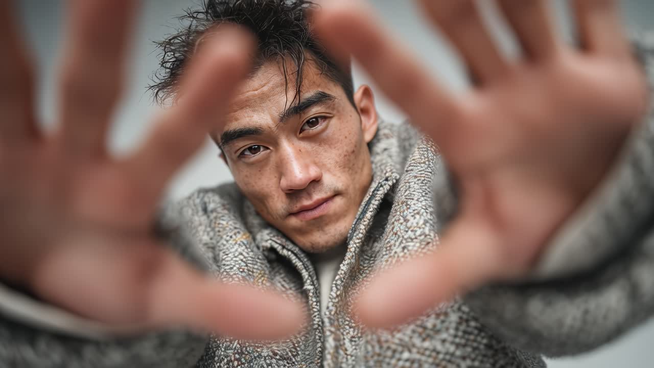 Young male model reaching towards camera in slow motion