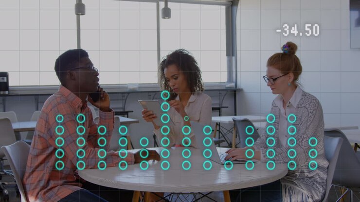 Animation of statistics and data processing over diverse business people in office
