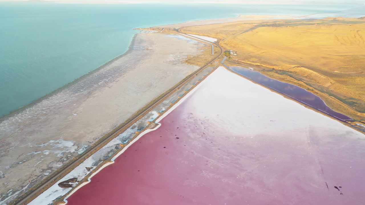 노란색 땅의 청록색, 분홍색 및 보라색 바다