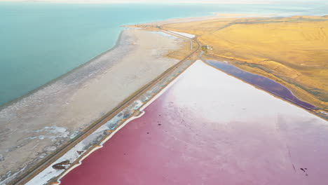 turquoise, pink and purple waters by yellow land