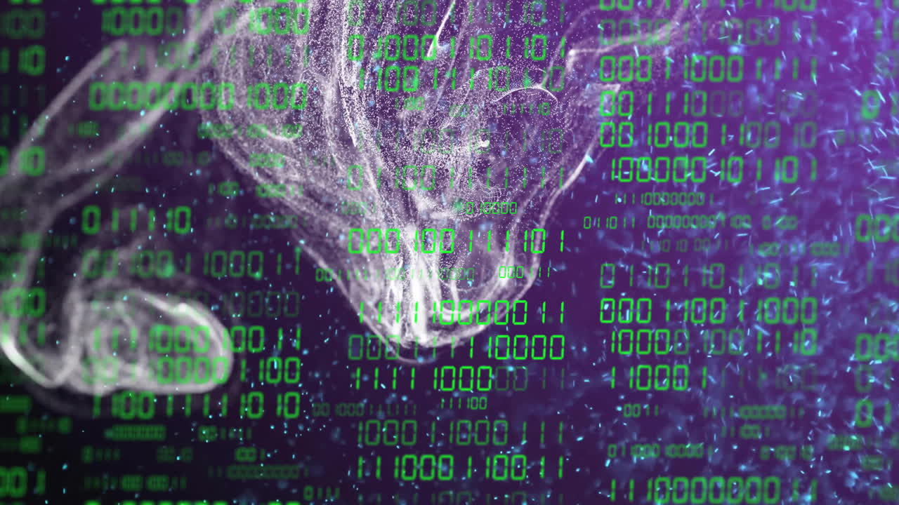 Binary code and data processing over abstract animation of swirling shapes